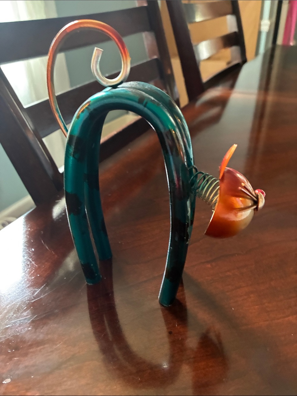 Teal and Orange Metal Cat Sculpture - Decorative Home Art
